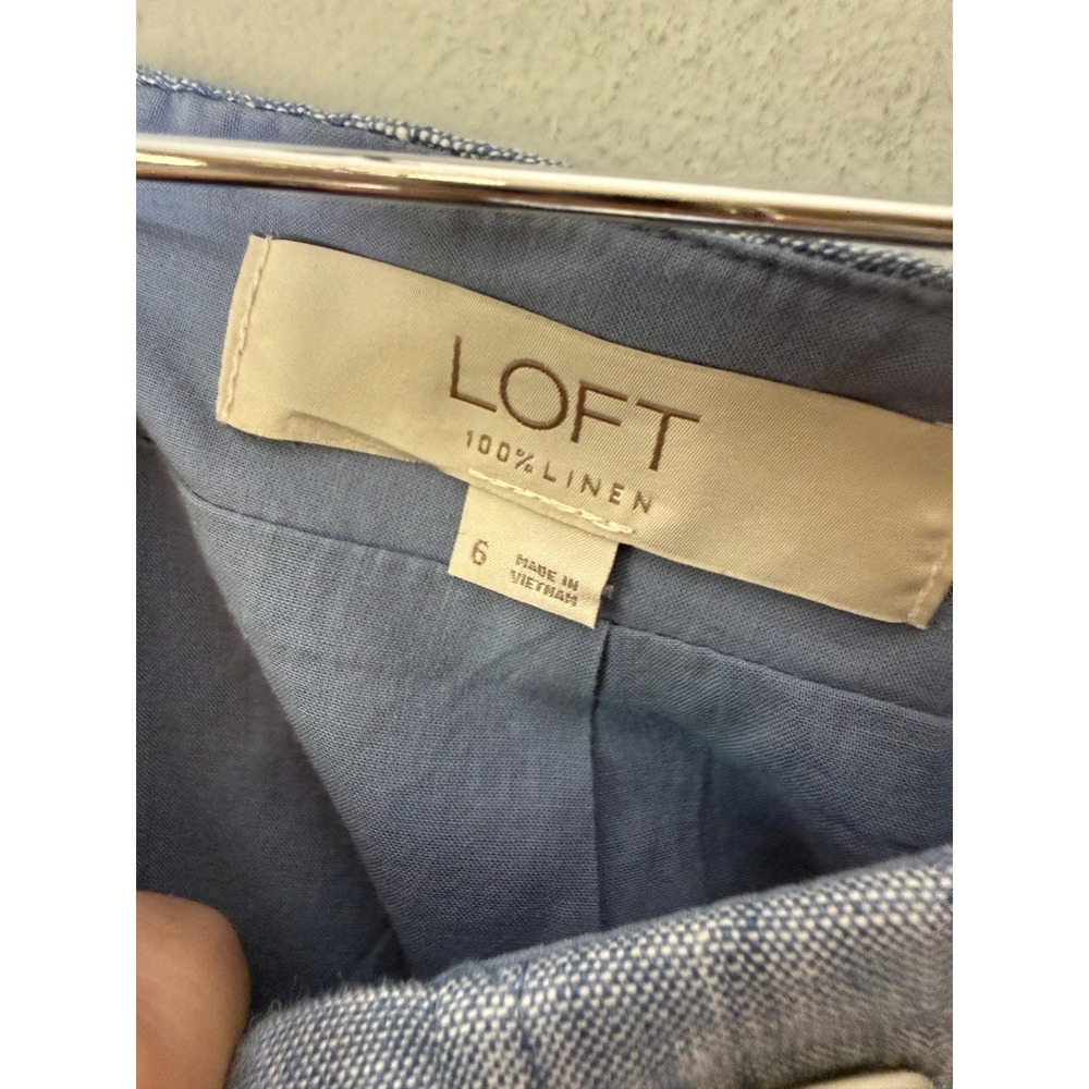 LOFT 100% Linen Skirt Sky Chambray Blue Button Midi Straight Split size 6 - Picture 4 of 6